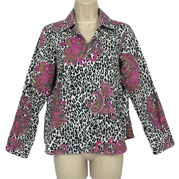 Foxcroft Wrinkle Free Fitted Top Women 8P Animal Print Paisley Zip Up Black Pink - Picture 1 of 13